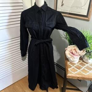 ZARA SRPLS Womens Shirt Dress Small Black Midi Belted Minimalist Utility Career